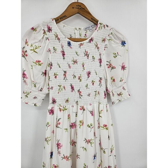 Yakira Bella Smocked Dress Womens XS White Floral Short Sleeve Rayon - Picture 2 of 7